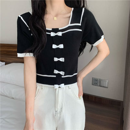 Square Short-Sleeve Top Neck Knit Bow