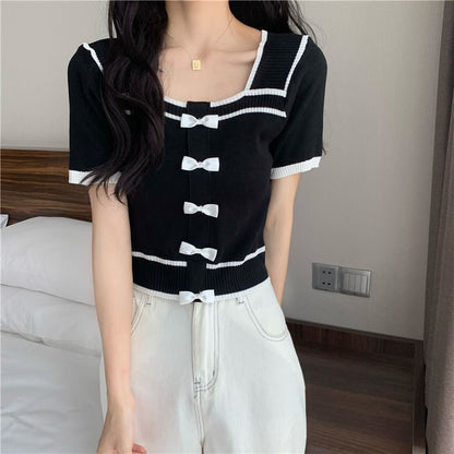 Square Short-Sleeve Top Neck Knit Bow