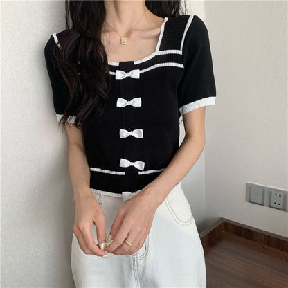 Square Short-Sleeve Top Neck Knit Bow