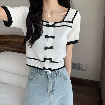 Square Short-Sleeve Top Neck Knit Bow