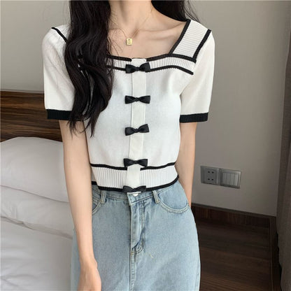 Square Short-Sleeve Top Neck Knit Bow