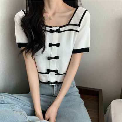 Square Short-Sleeve Top Neck Knit Bow