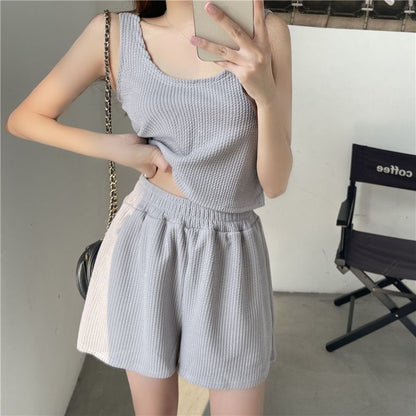 Scoop Shorts Set: + Waist Top Plain Elastic Neck Sweat Tank