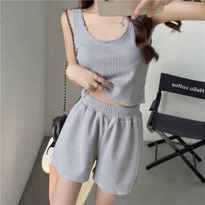 Scoop Shorts Set: + Waist Top Plain Elastic Neck Sweat Tank