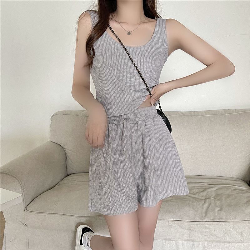 Scoop Shorts Set: + Waist Top Plain Elastic Neck Sweat Tank