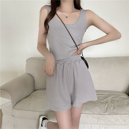 Scoop Shorts Set: + Waist Top Plain Elastic Neck Sweat Tank