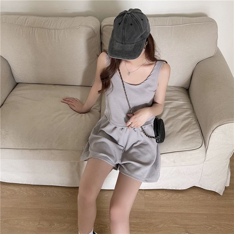 Scoop Shorts Set: + Waist Top Plain Elastic Neck Sweat Tank