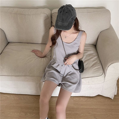 Scoop Shorts Set: + Waist Top Plain Elastic Neck Sweat Tank