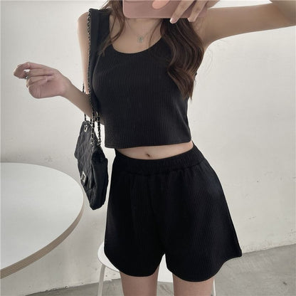 Scoop Shorts Set: + Waist Top Plain Elastic Neck Sweat Tank
