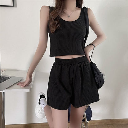 Scoop Shorts Set: + Waist Top Plain Elastic Neck Sweat Tank