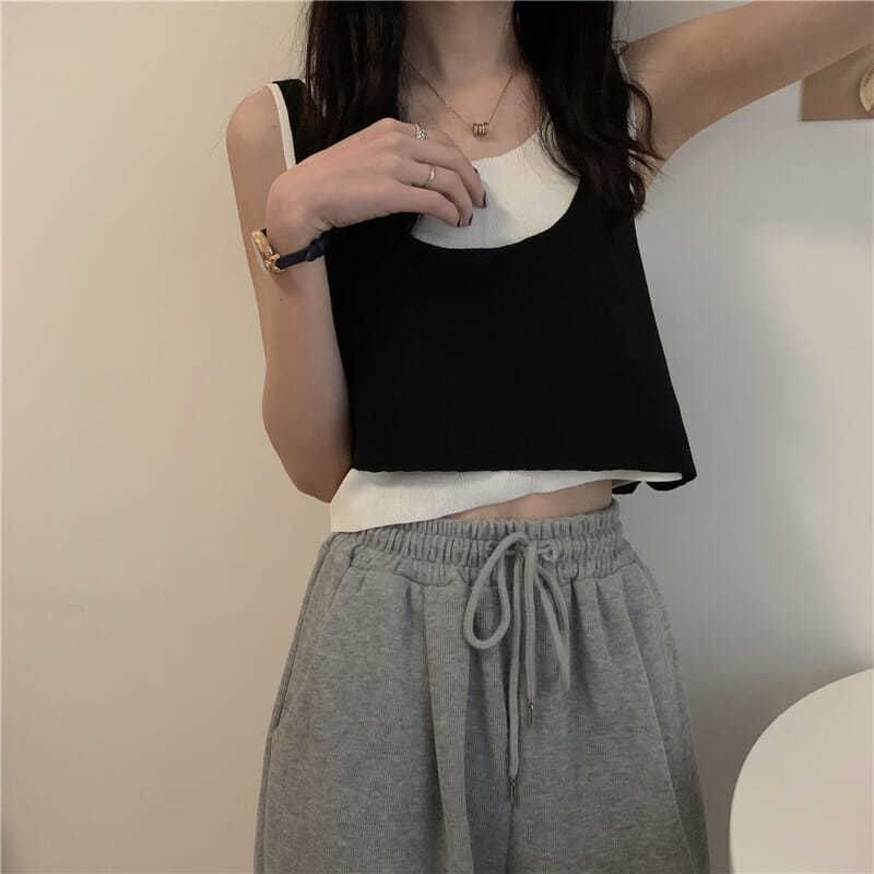 Scoop Top Piece Neck Knit Mock Two Tank