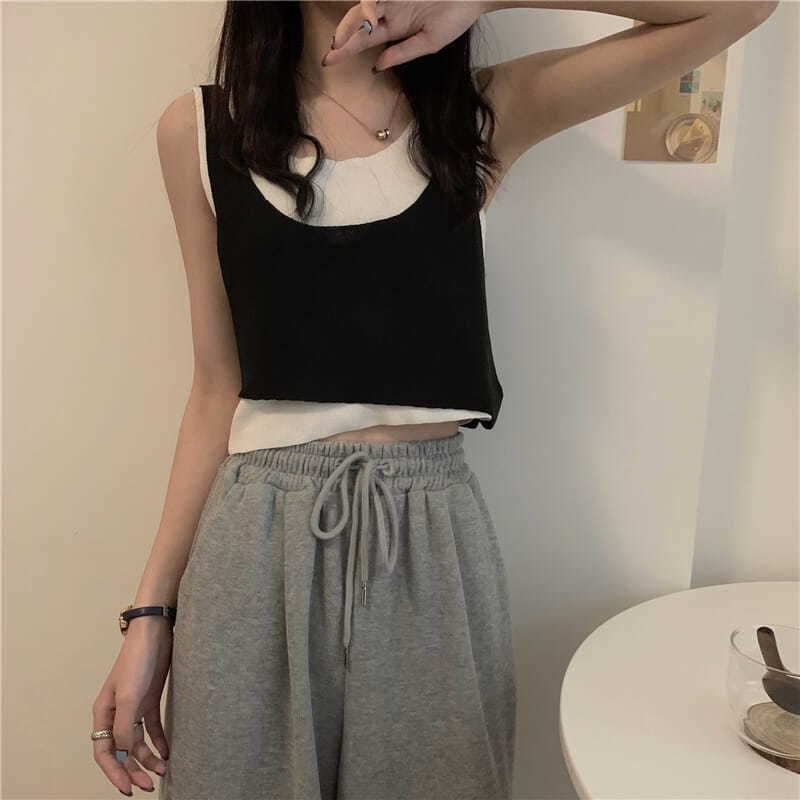Scoop Top Piece Neck Knit Mock Two Tank