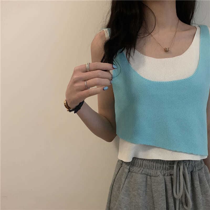 Scoop Top Piece Neck Knit Mock Two Tank