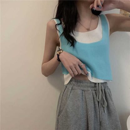 Scoop Top Piece Neck Knit Mock Two Tank