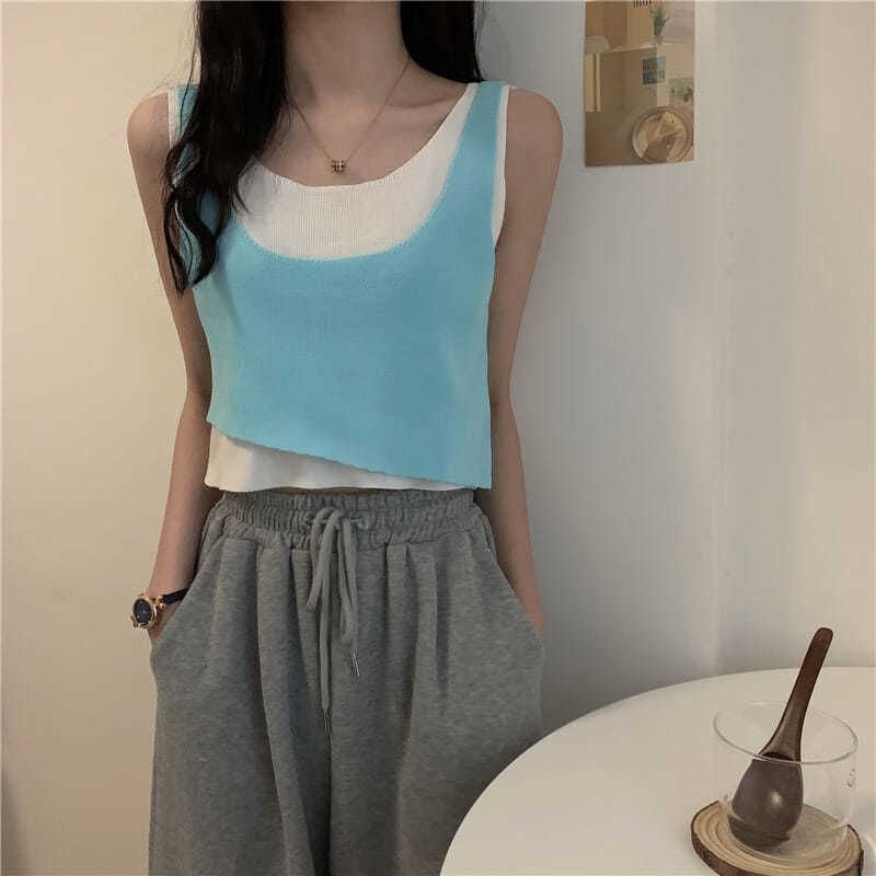 Scoop Top Piece Neck Knit Mock Two Tank