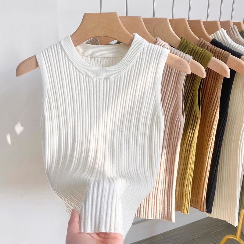 Tank Top Knit Ribbed Plain Neck Crew