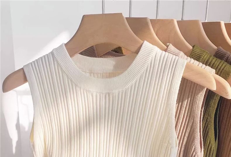 Tank Top Knit Ribbed Plain Neck Crew