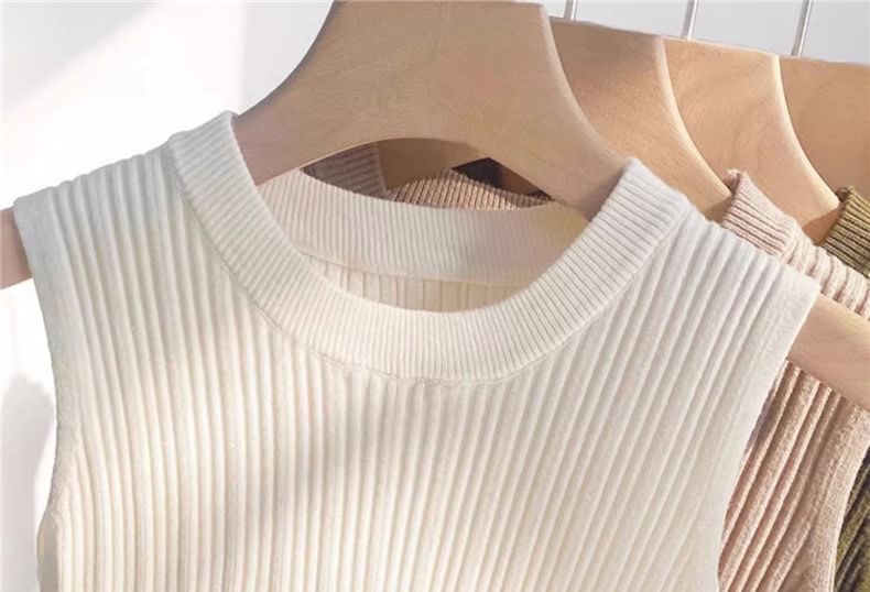 Tank Top Knit Ribbed Plain Neck Crew