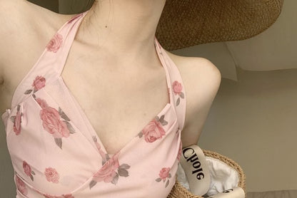 Print / Neck Floral Plain Cardigan Crop Top Halter