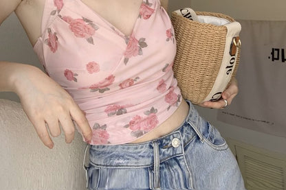 Print / Neck Floral Plain Cardigan Crop Top Halter