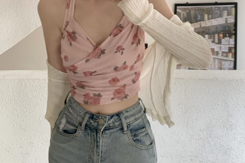 Print / Neck Floral Plain Cardigan Crop Top Halter