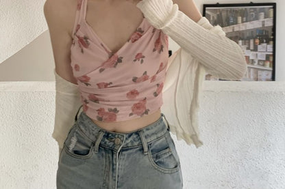 Print / Neck Floral Plain Cardigan Crop Top Halter