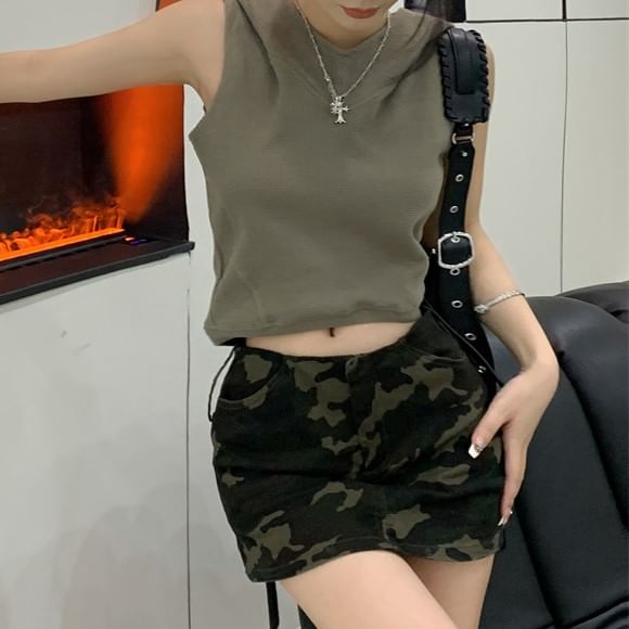 Hooded Camo Crop Skirt Sleeveless / Print Mini Top Plain