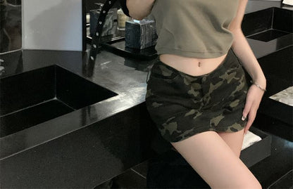 Hooded Camo Crop Skirt Sleeveless / Print Mini Top Plain