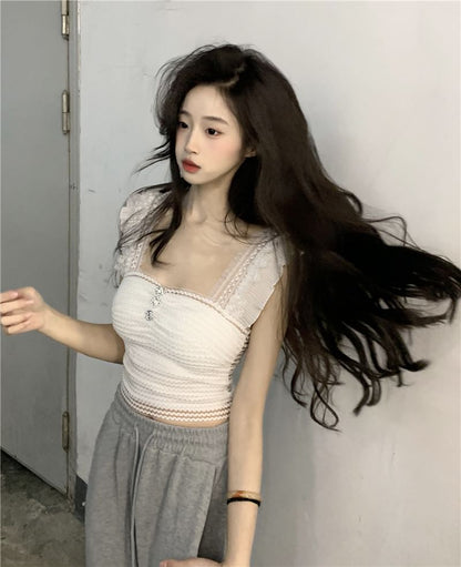 Neck Plain Tank Crop Top Square