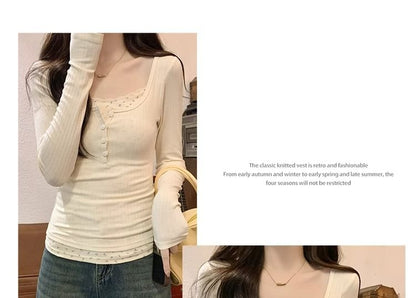 Mock Two-Piece Long-Sleeve Square Neck Floral Panel Slim Fit T-Shirt