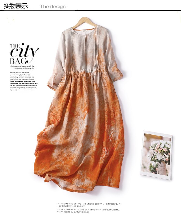 Puff-Sleeve Tie-Dyed Midi A-Line Dress