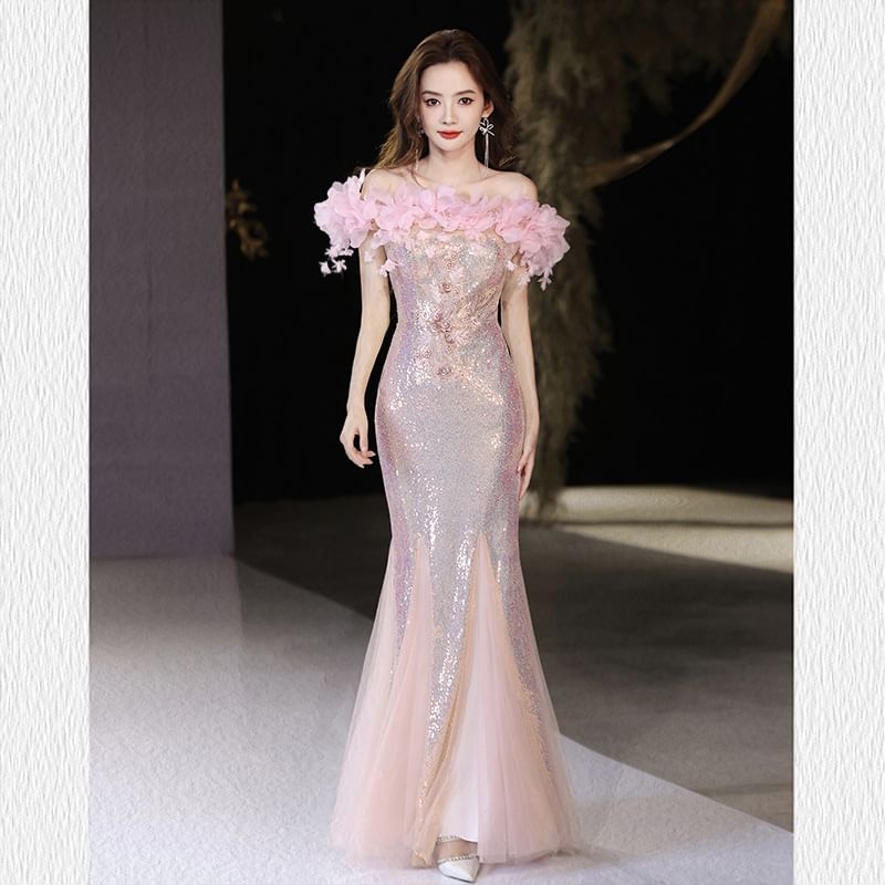Evening Sequin Off-Shoulder Gown Mermaid Flower Detail