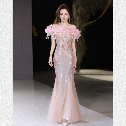 Evening Sequin Off-Shoulder Gown Mermaid Flower Detail