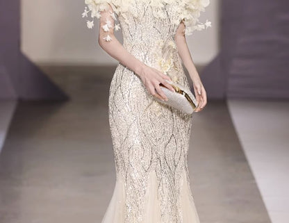 Evening Sequin Off-Shoulder Gown Mermaid Flower Detail