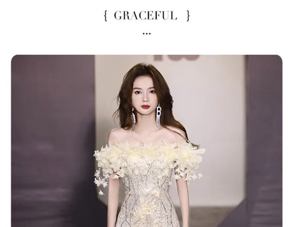 Evening Sequin Off-Shoulder Gown Mermaid Flower Detail