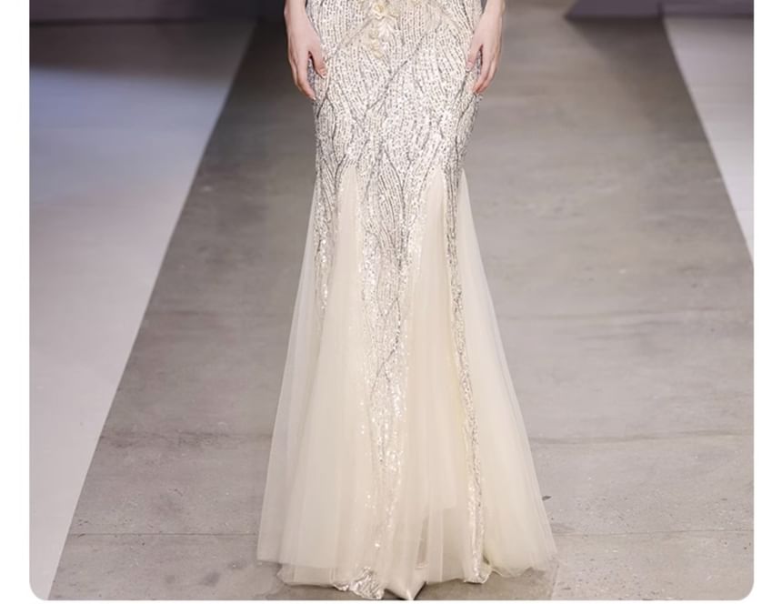 Evening Sequin Off-Shoulder Gown Mermaid Flower Detail