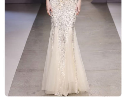 Evening Sequin Off-Shoulder Gown Mermaid Flower Detail