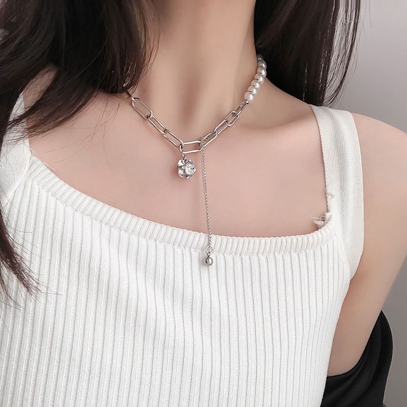 Faux Necklace Chain Pearl Rhinestone