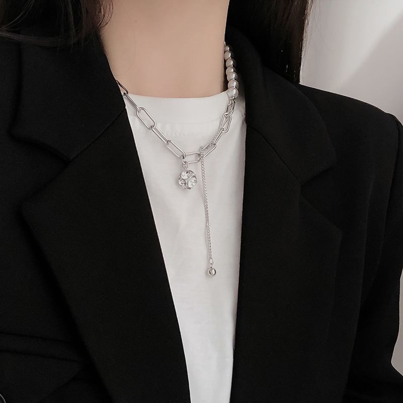 Faux Necklace Chain Pearl Rhinestone