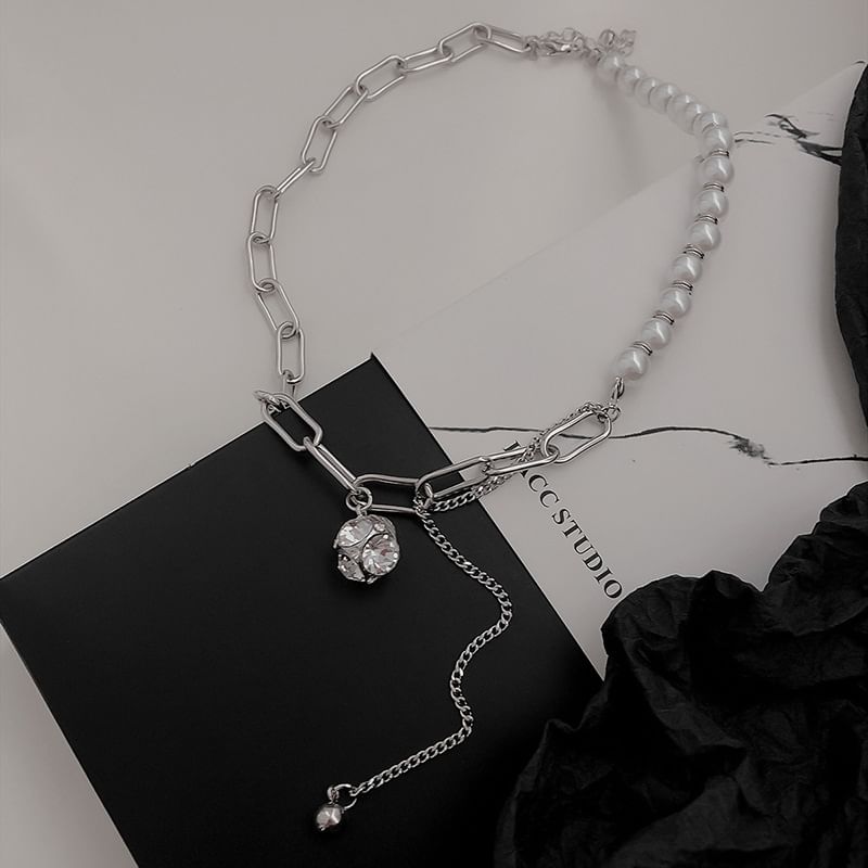 Faux Necklace Chain Pearl Rhinestone