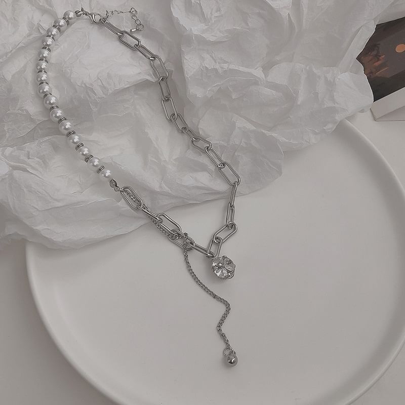 Faux Necklace Chain Pearl Rhinestone