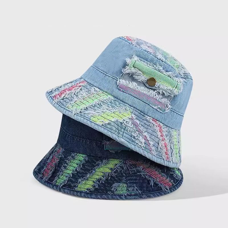 Washed Distressed Denim Bucket Hat / Beret