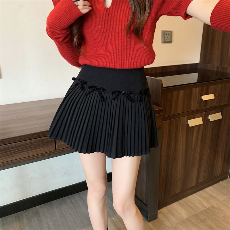 High Waist Plain Bow Pleated Mini A-Line Skirt