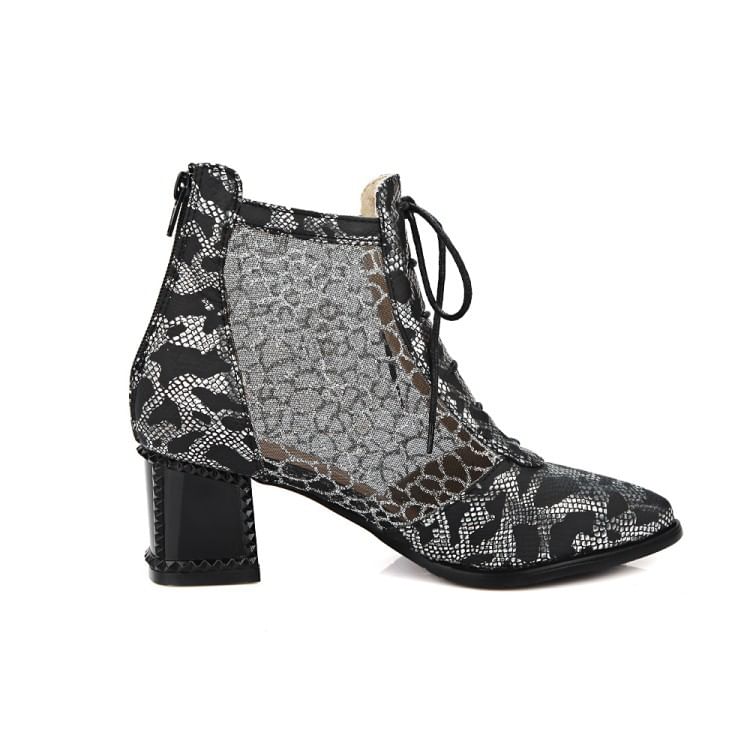 Chunky Heel Snake Skin Print Mesh Panel Lace