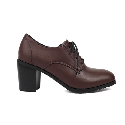 Pumps Leather Chunky Lace-Up Plain Heel Faux
