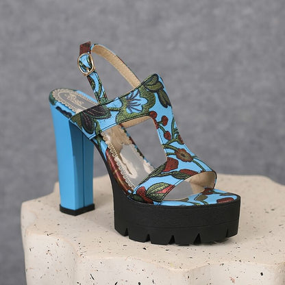 Chunky Heel Floral Print Faux Leather Slingback Sandals