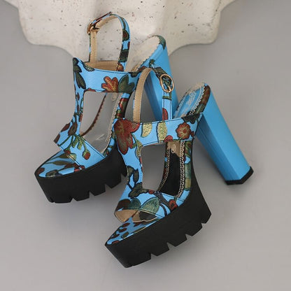 Chunky Heel Floral Print Faux Leather Slingback Sandals