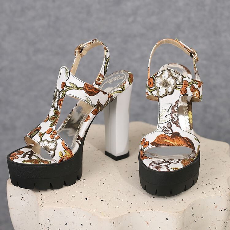 Chunky Heel Floral Print Faux Leather Slingback Sandals