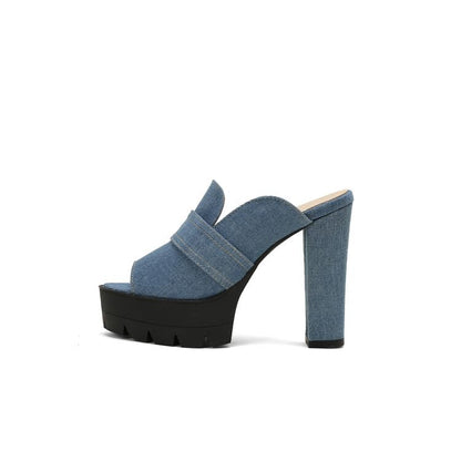 Denim Heel Washed Chunky Sandals