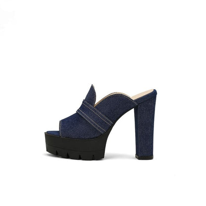 Denim Heel Washed Chunky Sandals